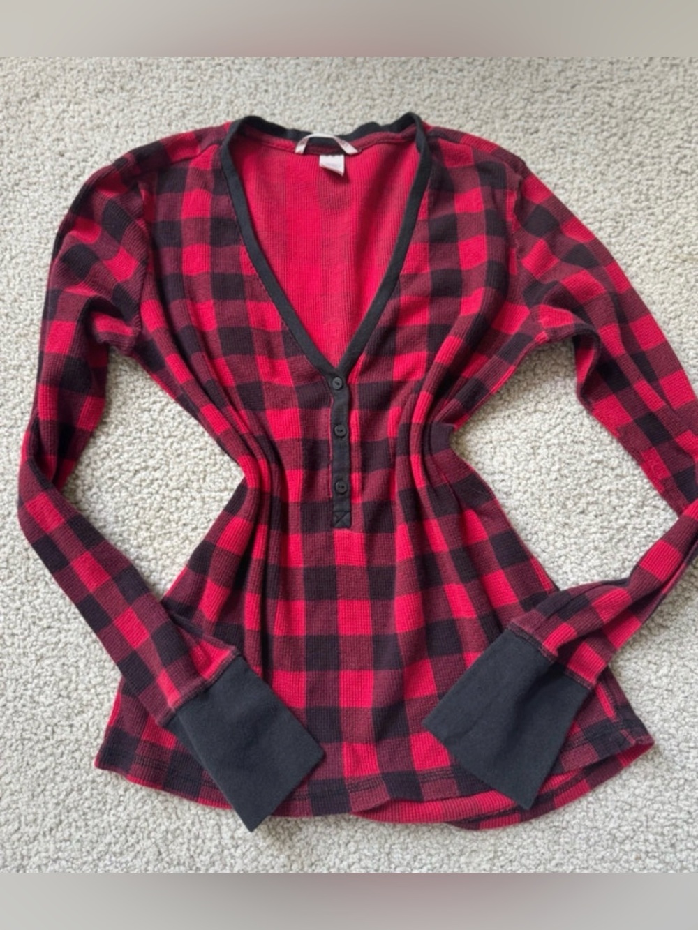 Victoria's Secret Red and Black Buffalo Plaid Waffle Henley